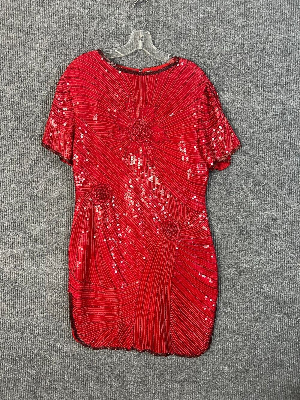 Vintage Modi Womens Mini Dress Petite Large Red Fully Beaded Silk Flapper Gatsby